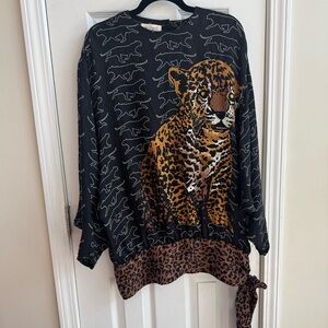 Vintage 80s Julie Francis Silk Leopard Top w/ Beading Rhinestone Eyes Sz 12